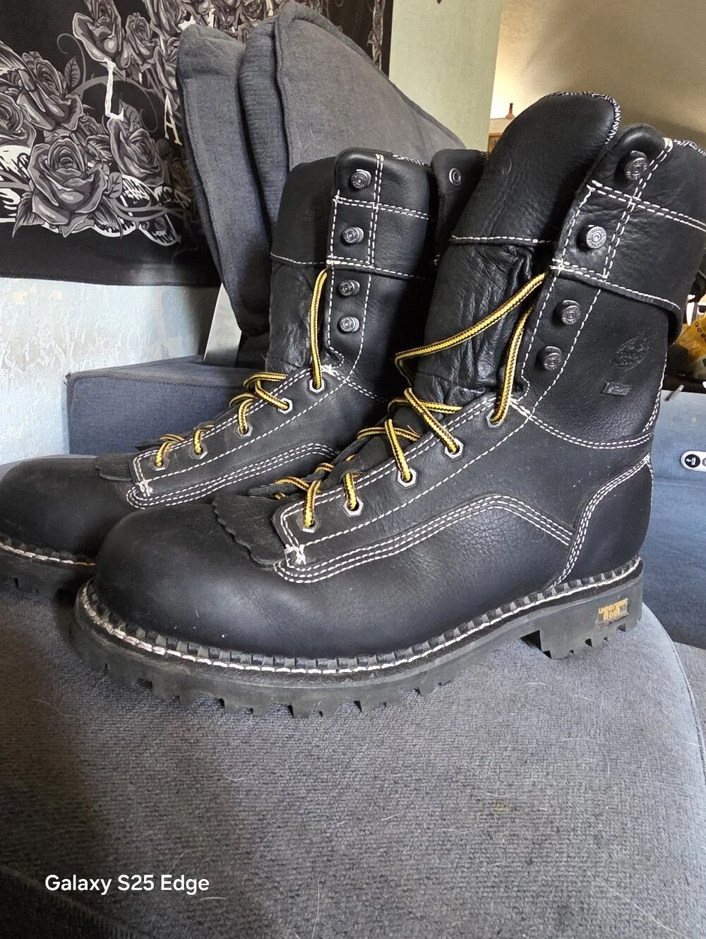 Georgia Boot Black Leather Lace-Up Work Boots with Yellow Laces